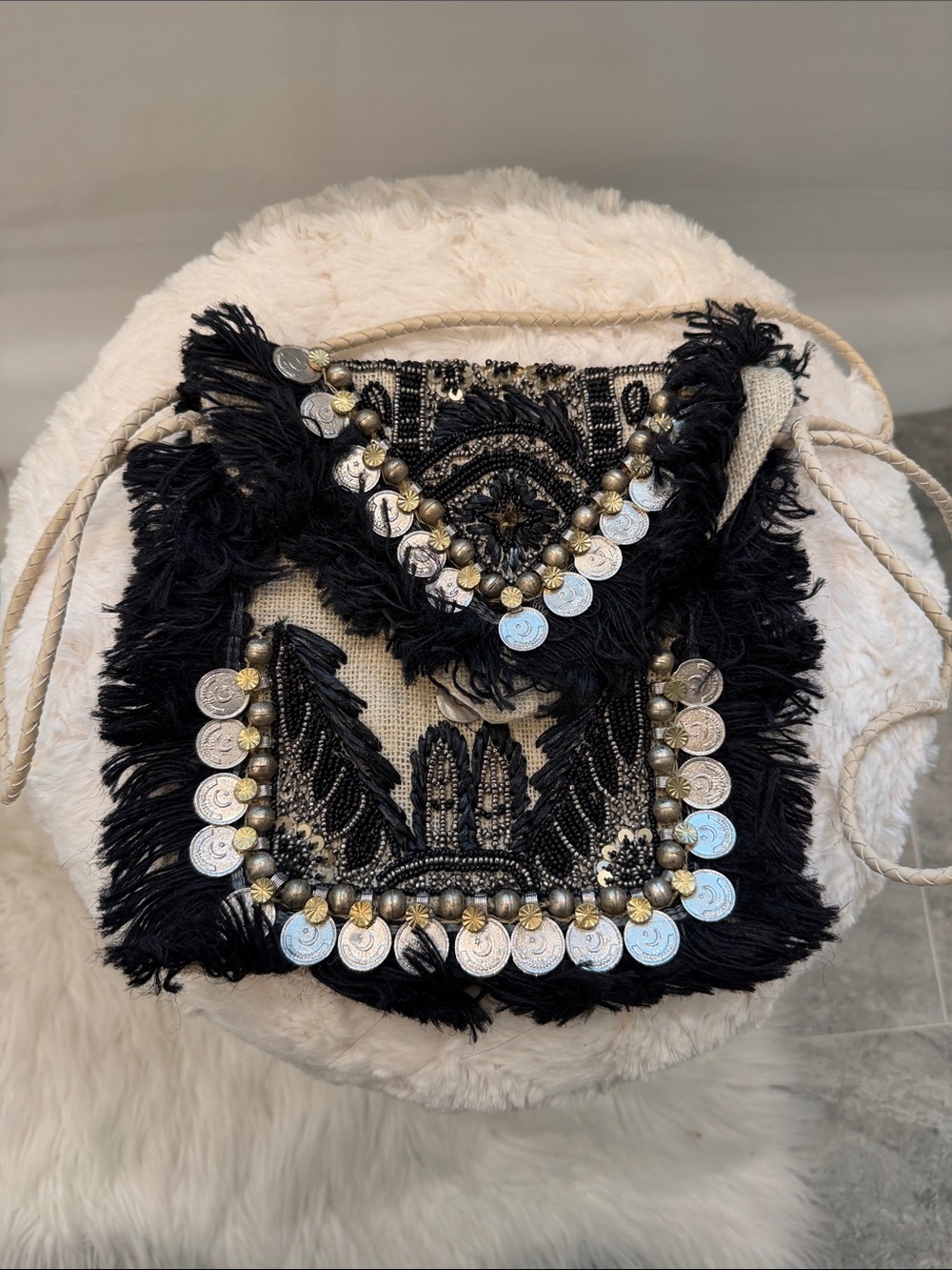 Boho Black Fringe Coin Embellished Women's Shoulder Bag